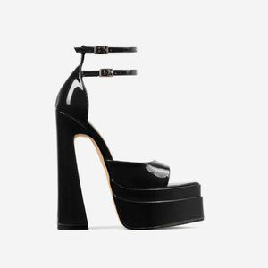 MARSHALL DOUBLE STRAP POINTED TOE EXTREME PLATFORM BLOCK HEEL IN BLACK PATENT